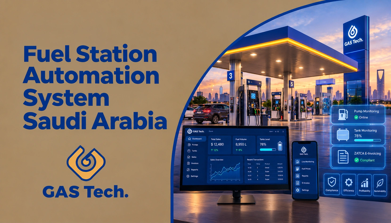 Fuel Station Automation System Saudi Arabia featuring a modern gas station, digital monitoring dashboard, mobile management app, pump and tank monitoring, and ZATCA-compliant e-invoicing.