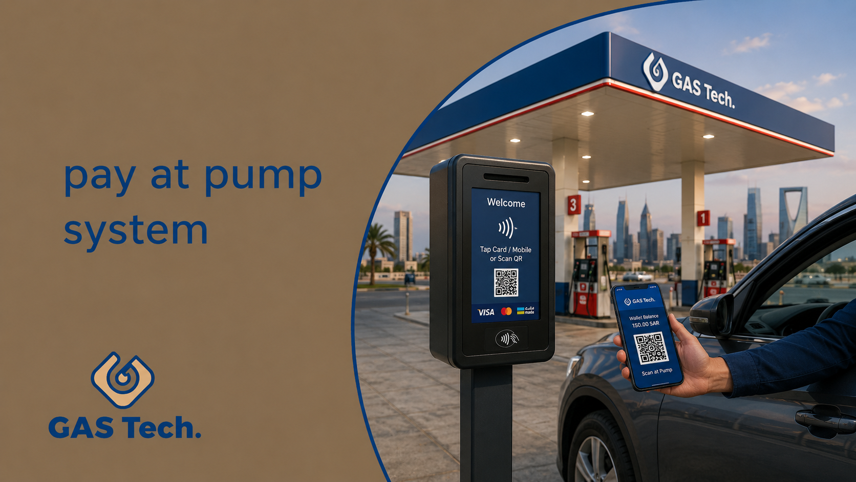 Pay at pump system at a modern fuel station, featuring an outdoor payment terminal, contactless NFC and QR code payment, and GasTech digital fuel payment technology.