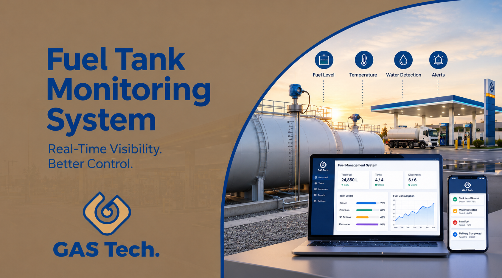 Fuel tank monitoring system with automated fuel level sensors, tank monitoring technology, and real-time fuel management dashboard for Saudi Arabia.