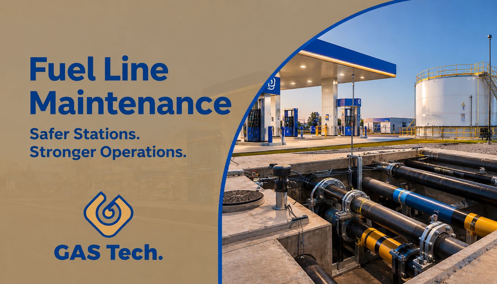 Fuel line maintenance at a gas station, featuring underground fuel pipes and infrastructure, with the text “Fuel Line Maintenance – Safer Stations. Stronger Operations.” and GAS Tech. branding.