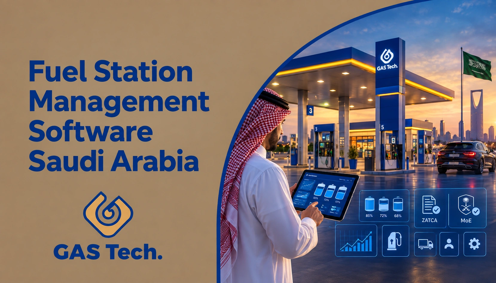 Fuel Station Management Software Saudi Arabia with a modern fuel station, digital management dashboard, tank monitoring, ZATCA and Ministry of Energy compliance indicators, and GAS Tech branding.