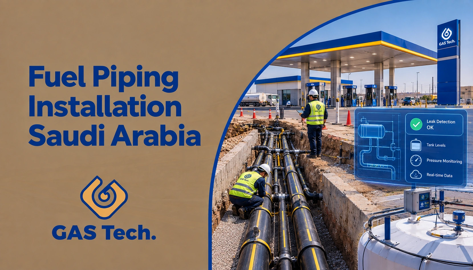 Fuel Piping Installation Saudi Arabia showing underground fuel pipelines, technicians installing fuel lines at a modern gas station, storage tanks, and digital leak detection and pressure monitoring systems.